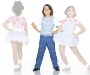 Children modeling floral dance costumes against a white background