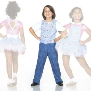 Children modeling floral dance costumes against a white background