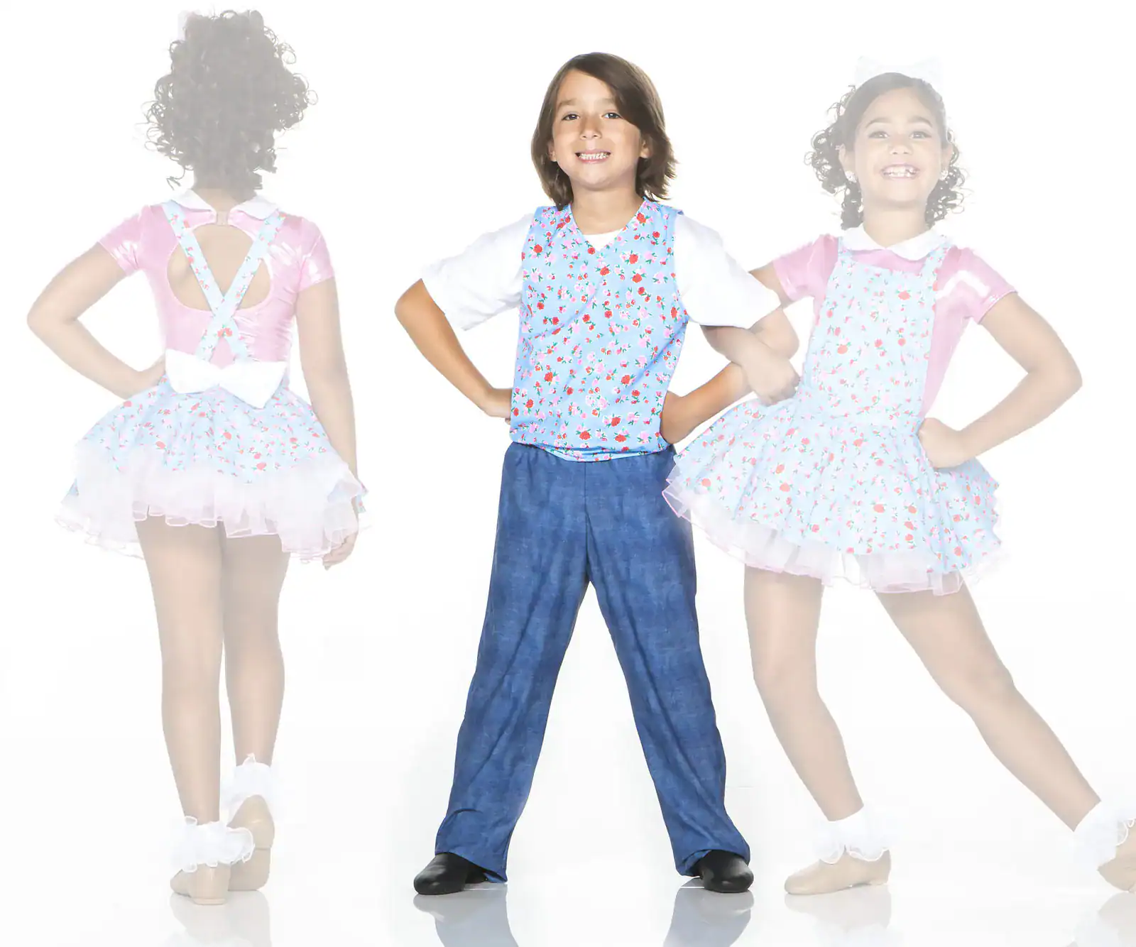 Children modeling floral dance costumes against a white background