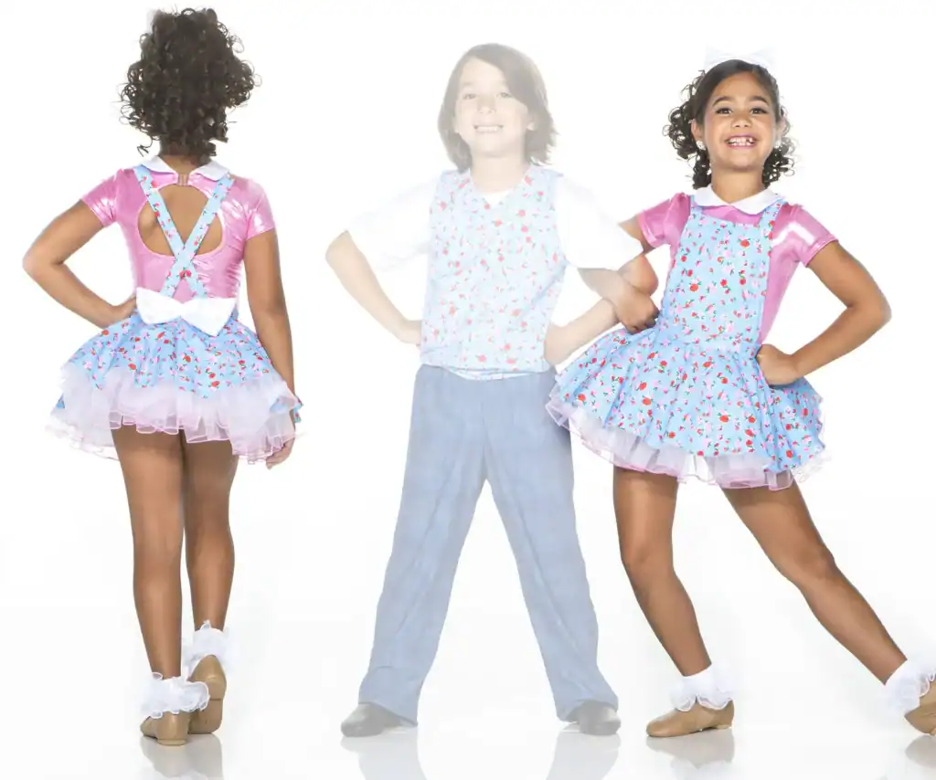 Children modeling floral dance costumes from front and back