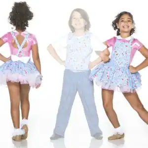 Children modeling floral dance costumes from front and back