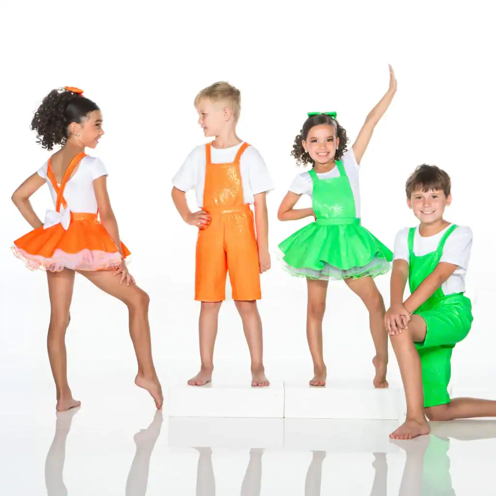 Four children wearing bright orange and green dance costumes