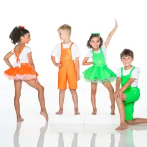 Four children wearing bright orange and green dance costumes