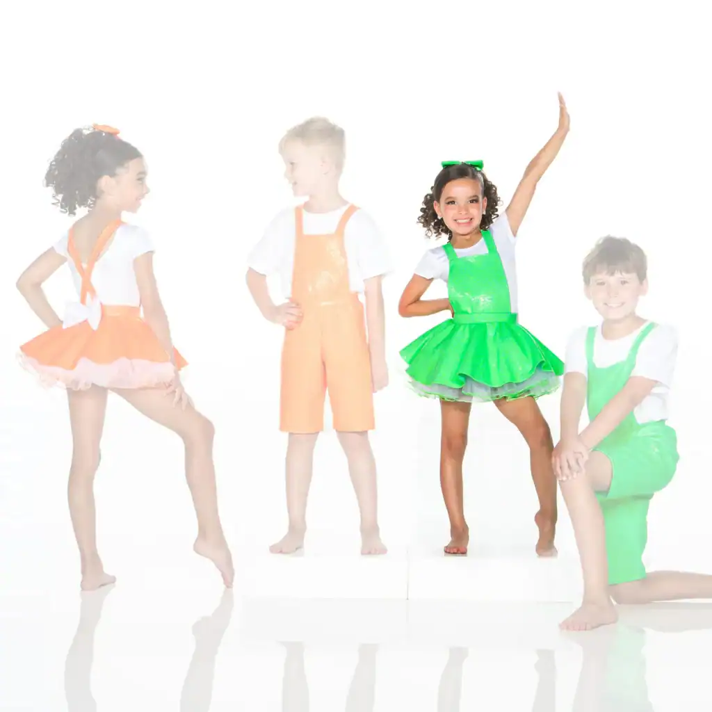 Four children modeling bright orange and green dance costumes