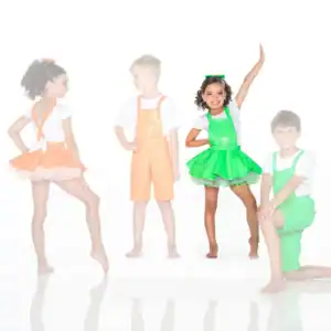 Four children modeling bright orange and green dance costumes