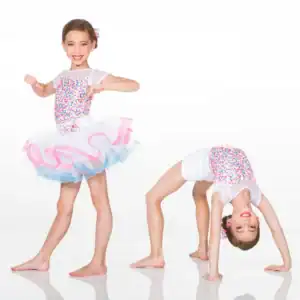 Young dancer in colorful costume posing and doing a backbend
