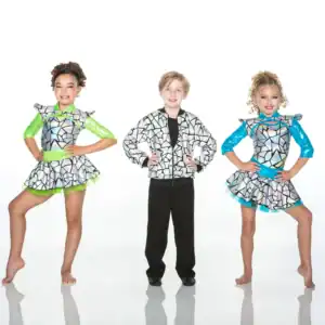 Three young dancers wearing reflective geometric-patterned costumes