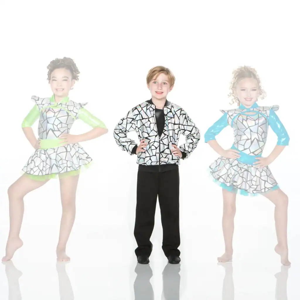 Three young dancers wearing silver mosaic-patterned costumes pose.
