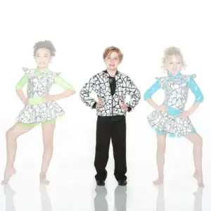 Three young dancers wearing silver mosaic-patterned costumes pose.
