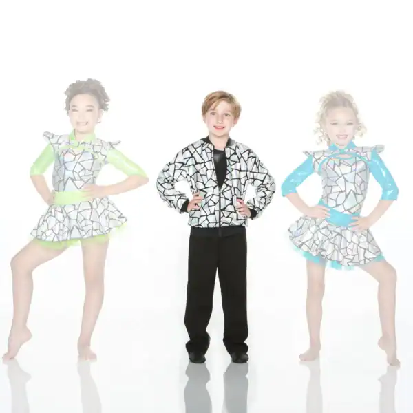 Three young dancers wearing silver mosaic-patterned costumes pose.