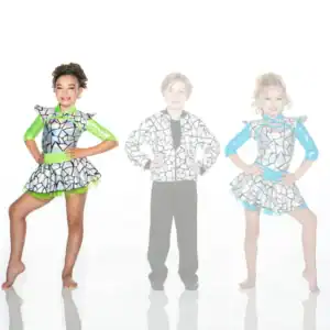 Three children pose in colorful mosaic-pattern dance costumes.