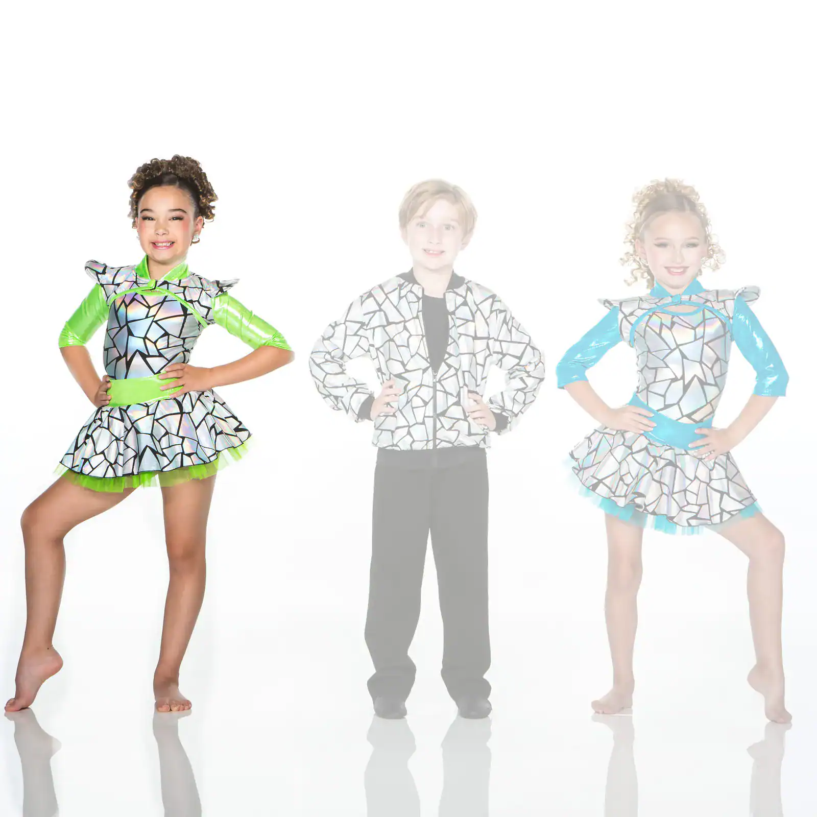 Three children pose in colorful mosaic-pattern dance costumes.