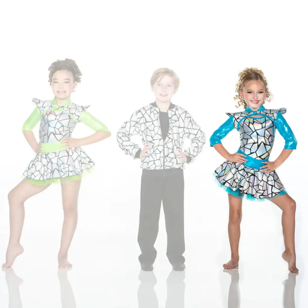 Three children modeling shimmering mosaic-pattern dance costumes