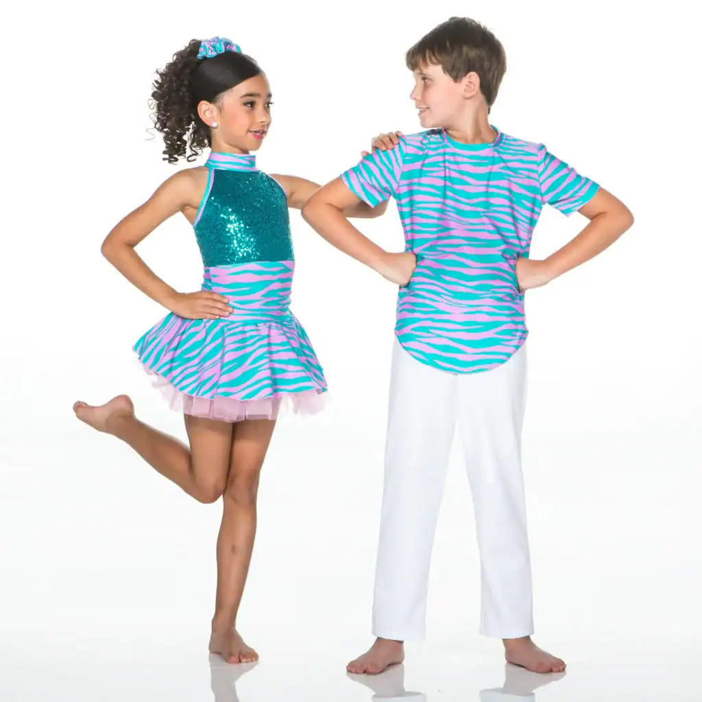 Two children in matching turquoise and pink zebra dance costumes