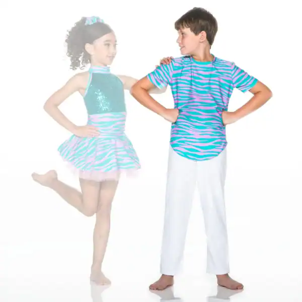 Two children modeling matching turquoise and pink dance outfits
