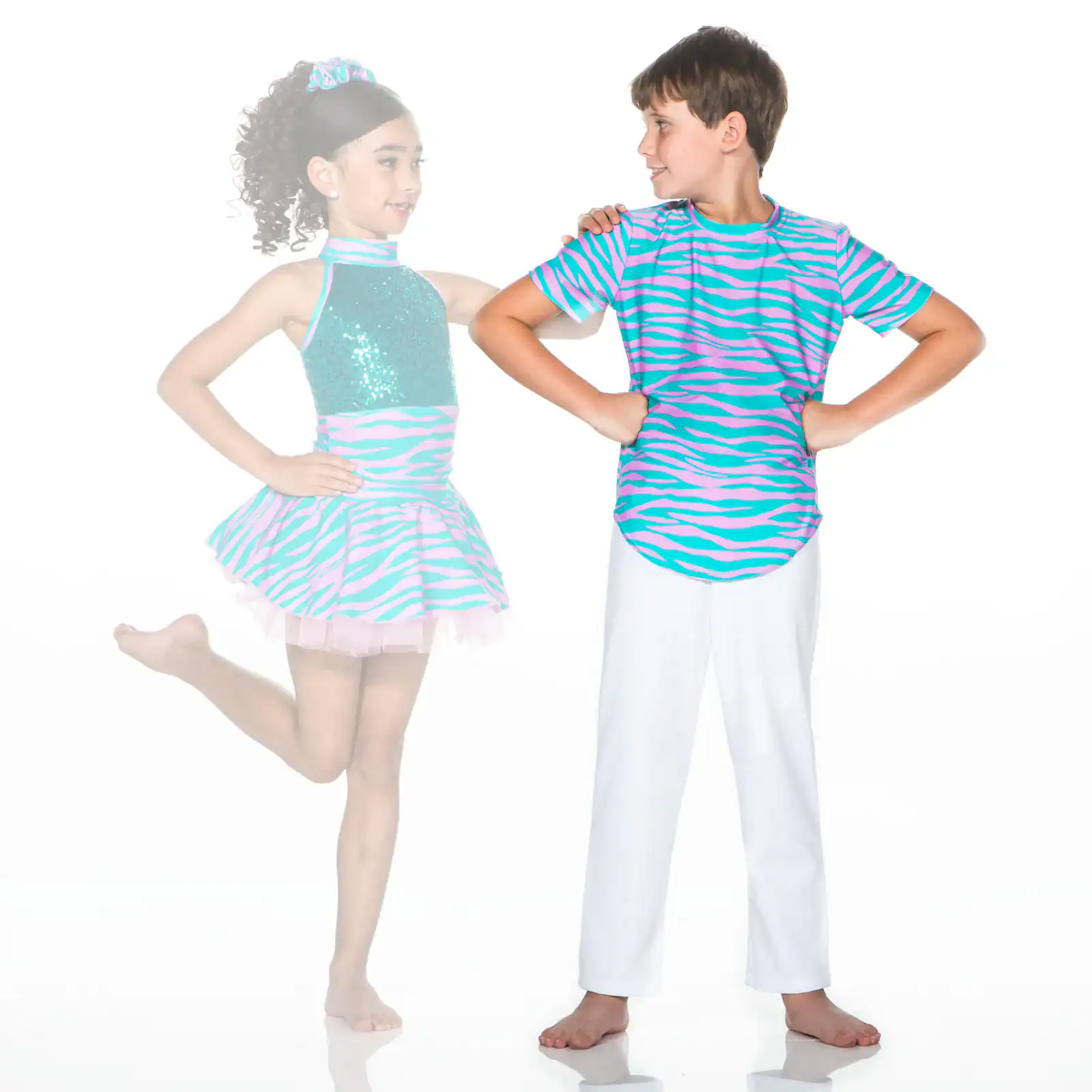 Two children modeling matching turquoise and pink dance outfits