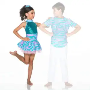 Two children wearing matching turquoise and pink zebra-print dance costumes