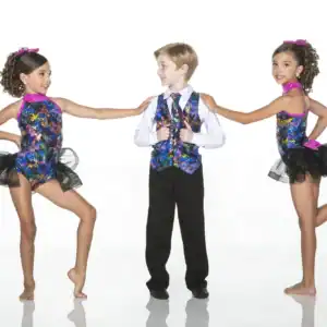 Three children wearing colorful dance costumes pose together.