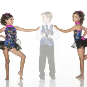 Two girls pose beside faded boy in matching dance costumes.