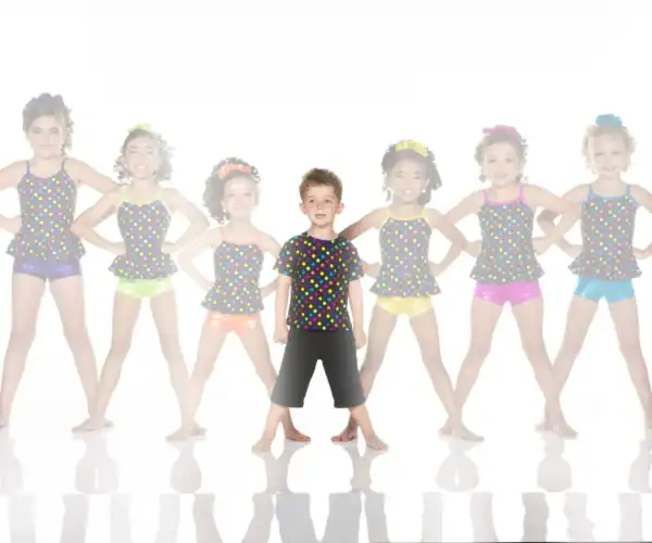 Young boy and girls in colorful polka-dot dance outfits