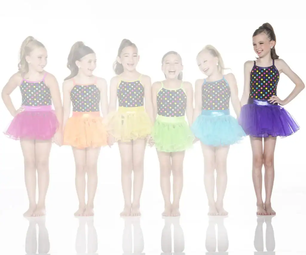 Six girls wearing colorful polka-dot dance costumes and tutus