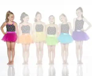 Six young dancers wearing colorful polka-dot tutus
