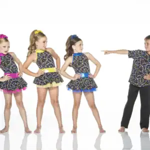 Four children wearing colorful patterned dance costumes