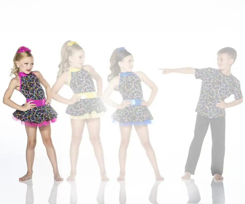Four children in colorful dance costumes posing together