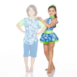 Two children wearing colorful blue and green dance costumes