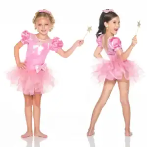 Two girls wearing pink fairy costumes and holding star wands