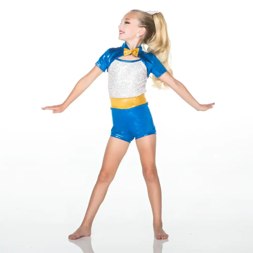 Young dancer in blue and gold costume posing
