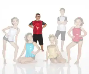 Six children posing in colorful dance costumes
