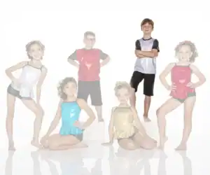 Six children posing in colorful shiny dance costumes