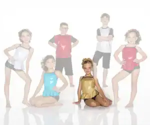 Six children pose in colorful dance costumes against white background.