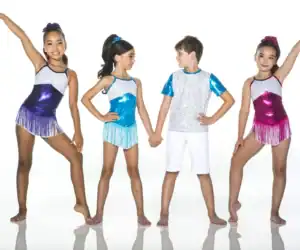 Four young dancers wearing colorful metallic performance costumes