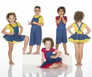 Five children model colorful denim overall costumes on white background.
