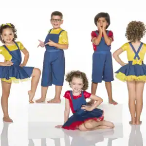 Five children model colorful denim overall costumes on white background.