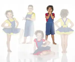 Children modeling colorful overalls and skirt costumes