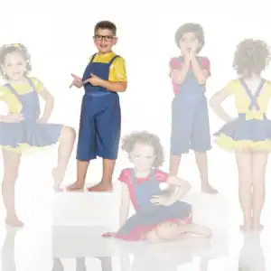 Children modeling colorful blue overall costumes