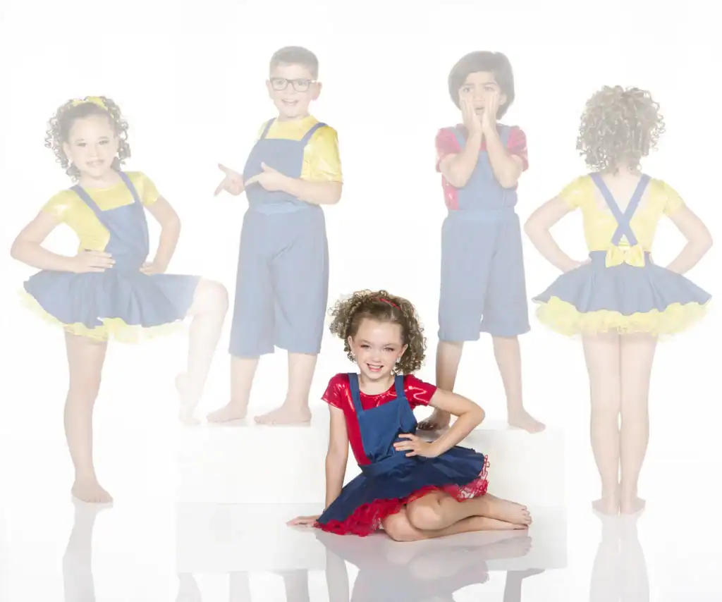 Children modeling colorful blue overall costumes in varied poses