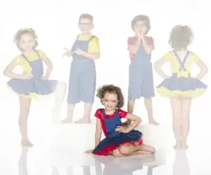 Children modeling colorful blue overall costumes in varied poses