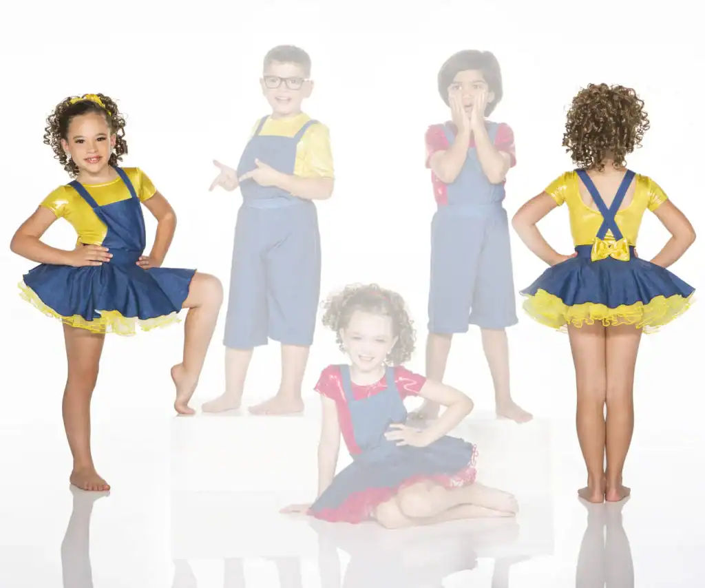 Children modeling colorful overalls and skirts against white background