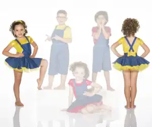 Children modeling colorful overalls and skirts against white background