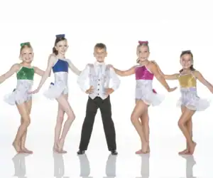 Five young dancers pose in colorful sequined costumes.