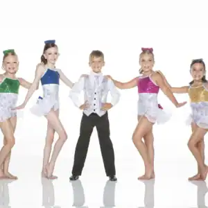 Five young dancers pose in colorful sequined costumes.