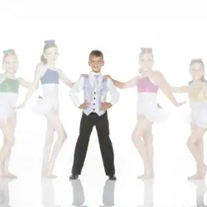 Five young dancers pose in colorful costumes on white background.