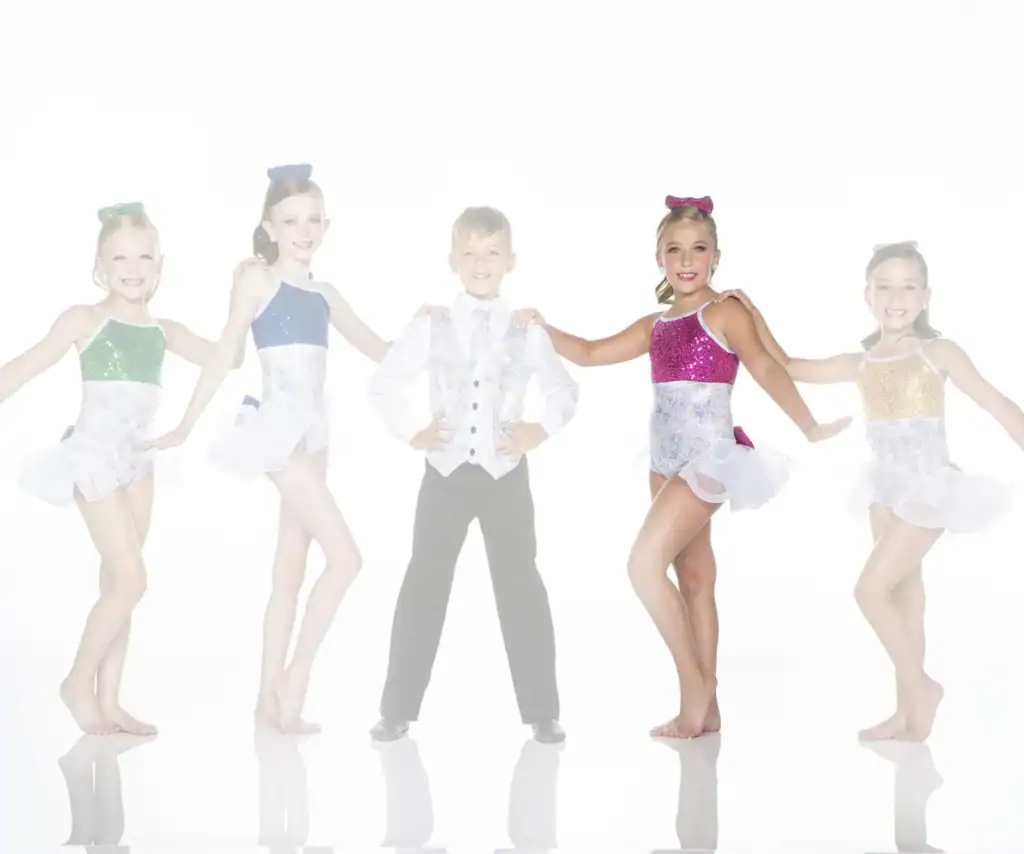 Five young dancers in colorful costumes posing together
