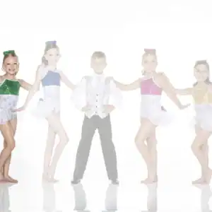 Five young dancers in sparkling costumes pose together.