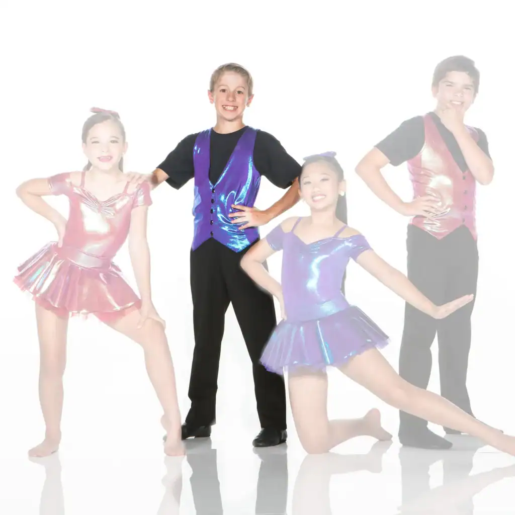 Four young dancers posing in colorful, shiny costumes