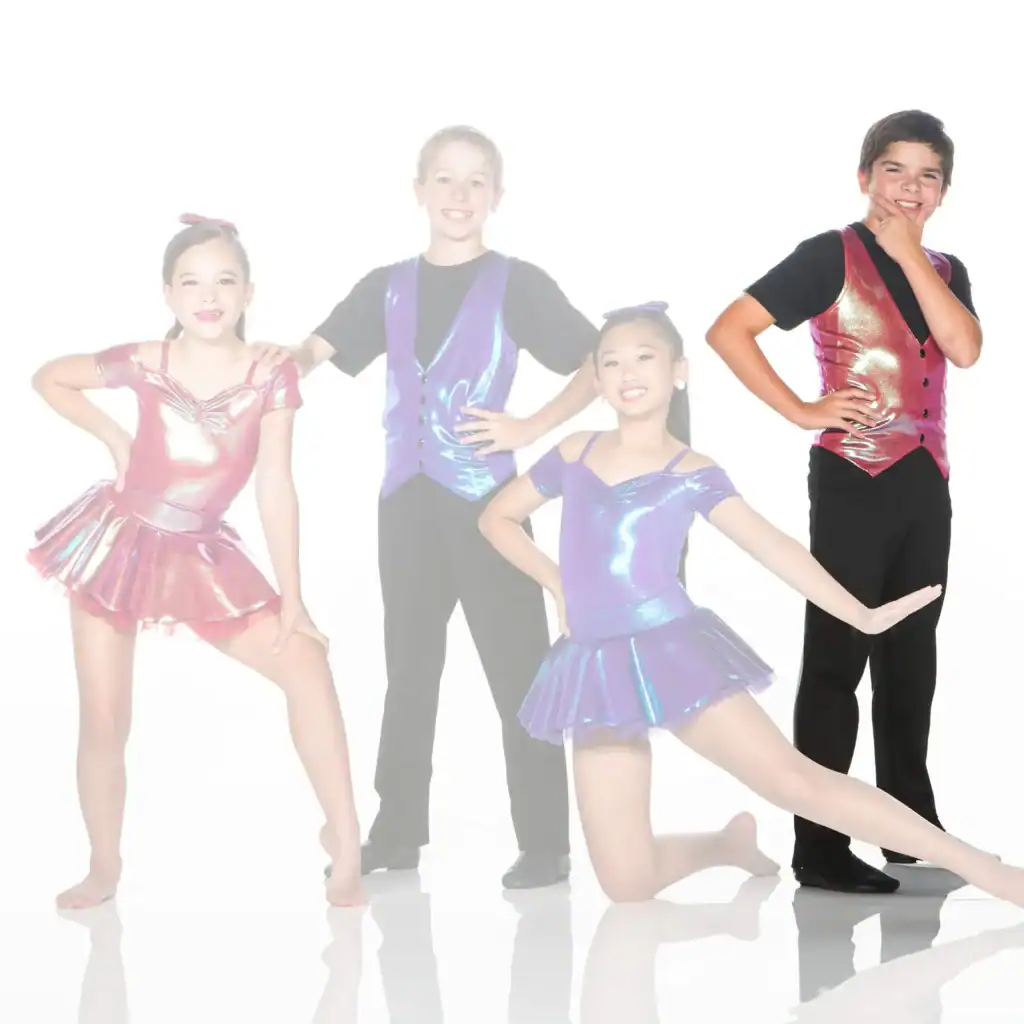 Four young dancers in colorful costumes pose together.